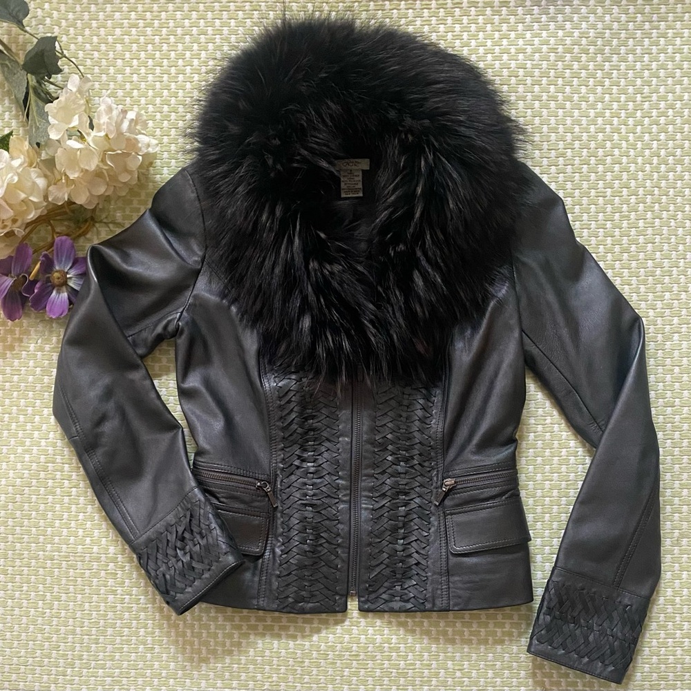 Cache Leather/Raccoon Collar Bomber Jacket